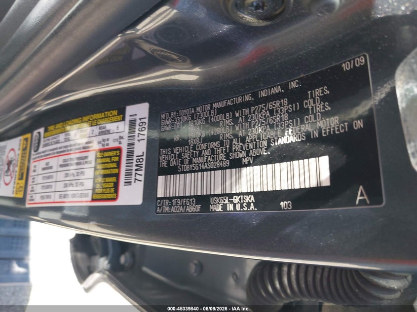 2010 Toyota Sequoia VIN 5TDBY5G14AS028489 IAAI salvage auction — FRONT END, Salvage (Massachusetts), sold $2,800 on 2026-07-09 (photo 9)