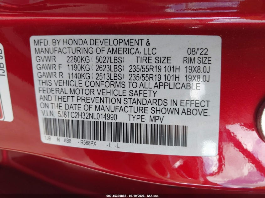 2022 Acura Rdx VIN 5J8TC2H32NL014990 IAAI salvage auction — RIGHT FRONT, Salvage - 75% Or Less (Maryland), sold $8,200 on 2026-08-01 (photo 9)