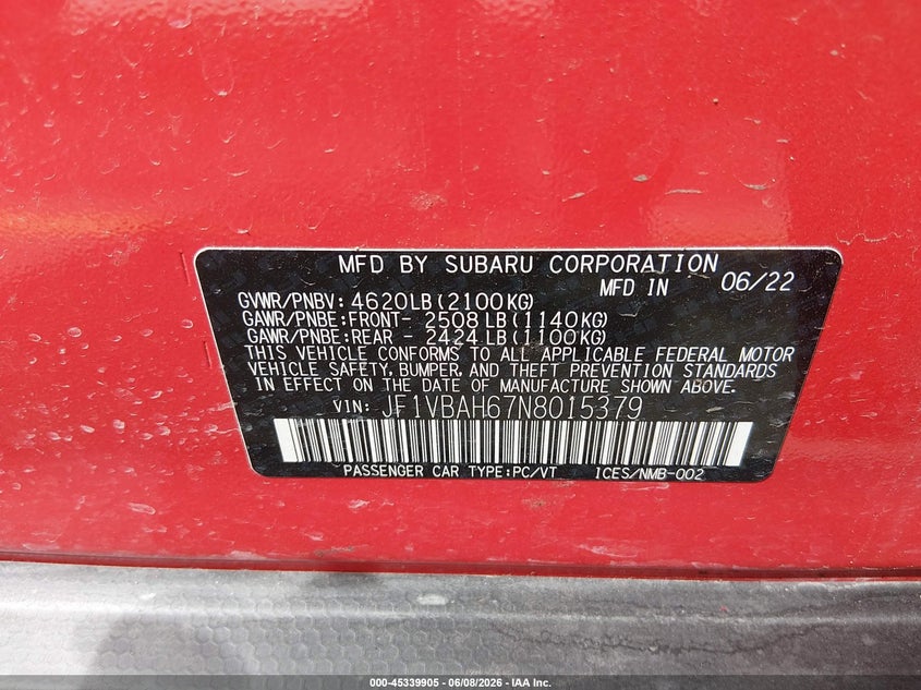 2022 Subaru Wrx VIN JF1VBAH67N8015379 IAAI salvage auction — FRONT END, Salvage (California), sold $9,100 on 2026-07-24 (photo 9)