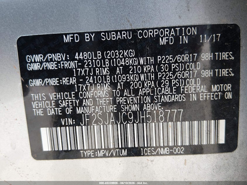 2018 Subaru Forester VIN JF2SJAJC9JH518777 IAAI salvage auction — REAR END, Salvage (California), sold $2,000 on 2026-07-24 (photo 9)