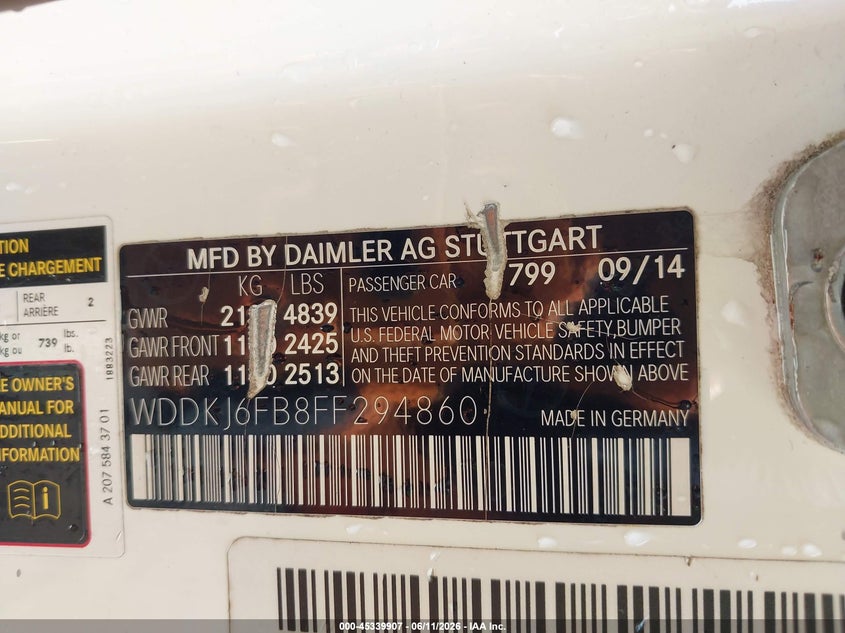 2015 Mercedes-benz E-klasse VIN WDDKJ6FB8FF294860 IAAI salvage auction — RIGHT FRONT, Salvage - Greater Than 75% (Maryland), sold $1,900 on 2026-07-15 (photo 9)