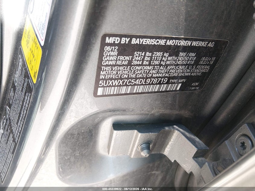2013 BMW X3 VIN 5UXWX7C54DL978719 IAAI salvage auction — RIGHT SIDE, Prior Salvage (Minnesota), sold $725 on 2026-07-27 (photo 9)