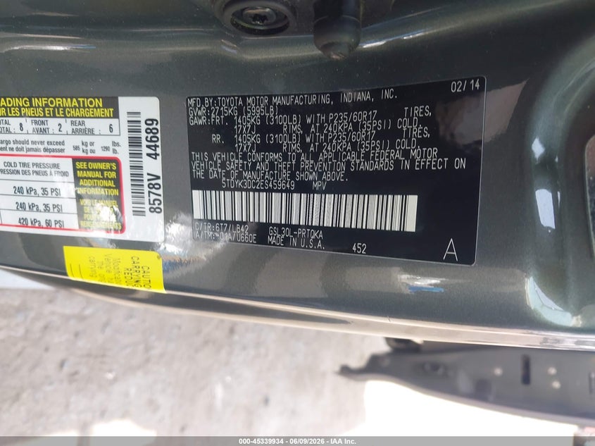 2014 Toyota Sienna VIN 5TDYK3DC2ES459649 IAAI salvage auction — FRONT END, Salvage (Virginia), sold $1,650 on 2026-07-14 (photo 9)