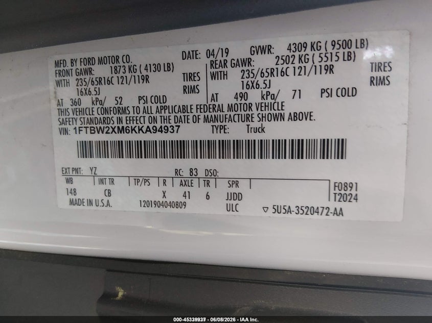 2019 Ford Transit-350 VIN 1FTBW2XM6KKA94937 IAAI salvage auction — NORMAL WEAR, Sf97 (New Jersey), sold $14,600 on 2026-07-21 (photo 9)