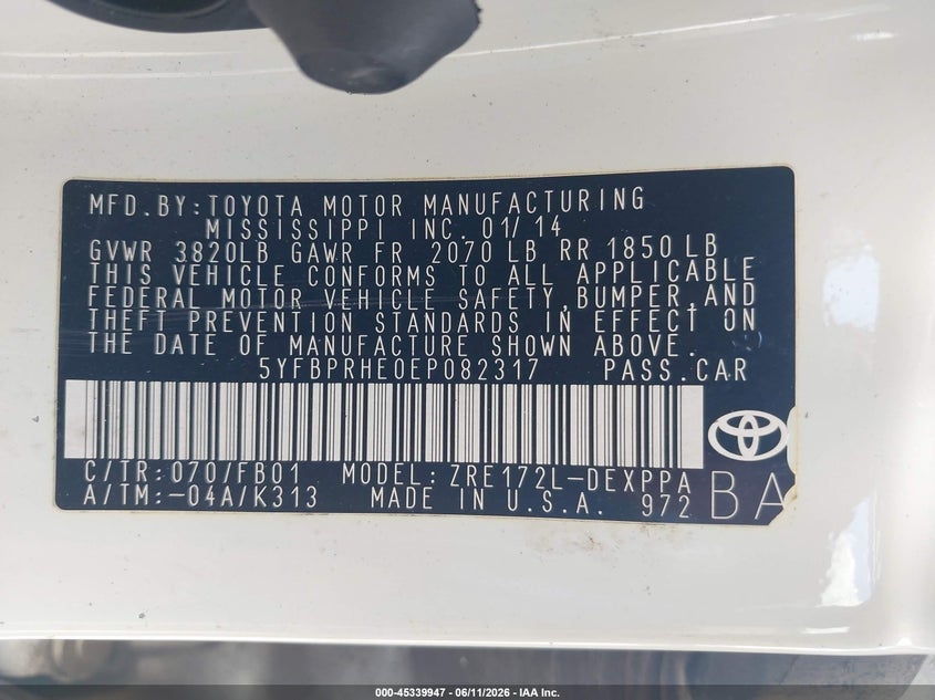 2014 Toyota Corolla VIN 5YFBPRHE0EP082317 IAAI salvage auction — FRONT END, Clear (Arkansas), sold $1,250 on 2026-07-29 (photo 9)