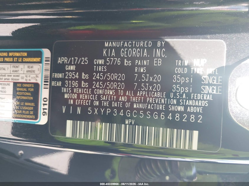 2025 Kia Telluride VIN 5XYP34GC5SG648282 IAAI salvage auction — WATER/FLOOD, Salvage Title, sold $3,950 on 2026-07-23 (photo 9)