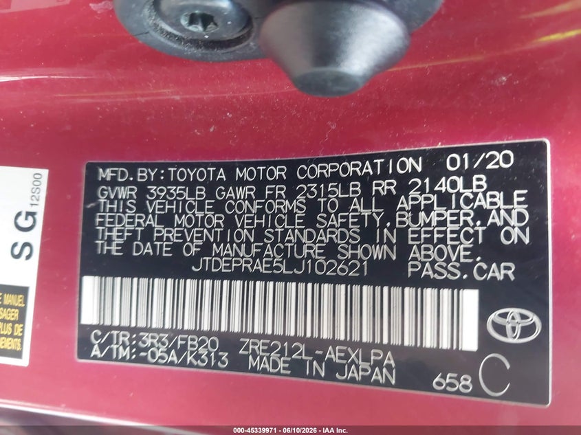 2020 Toyota Corolla VIN JTDEPRAE5LJ102621 IAAI salvage auction — LEFT SIDE, Salvage (Louisiana), sold $3,400 on 2026-07-14 (photo 9)