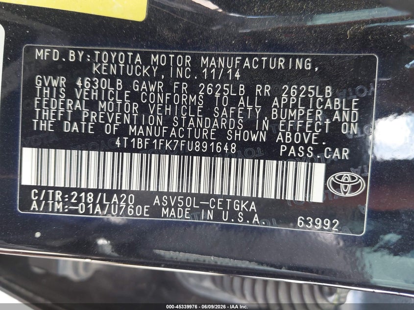 2015 Toyota Camry VIN 4T1BF1FK7FU891648 IAAI salvage auction — FRONT END, Salvage (Texas), sold $1,800 on 2026-08-01 (photo 9)