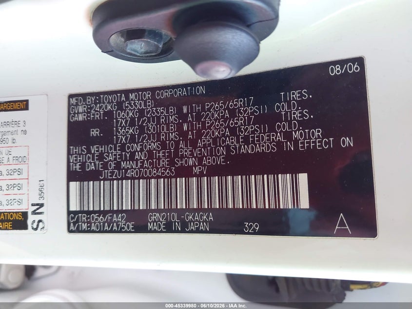2007 Toyota 4runner VIN JTEZU14R070084563 IAAI salvage auction — FRONT END, Salvage (Arizona), sold $2,150 on 2026-07-07 (photo 9)