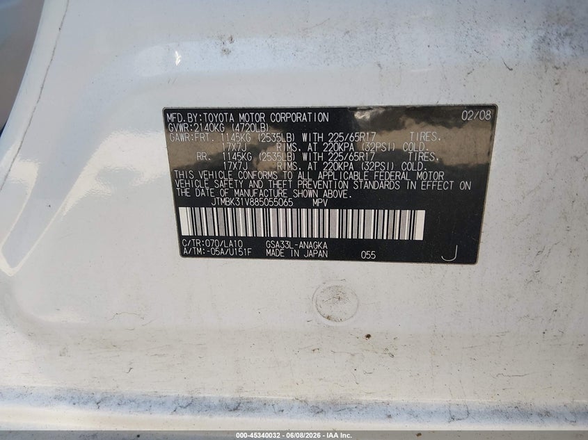 2008 Toyota Rav 4 VIN JTMBK31V885055065 IAAI salvage auction — NORMAL WEAR, Clear (Massachusetts), sold $775 on 2026-07-08 (photo 9)