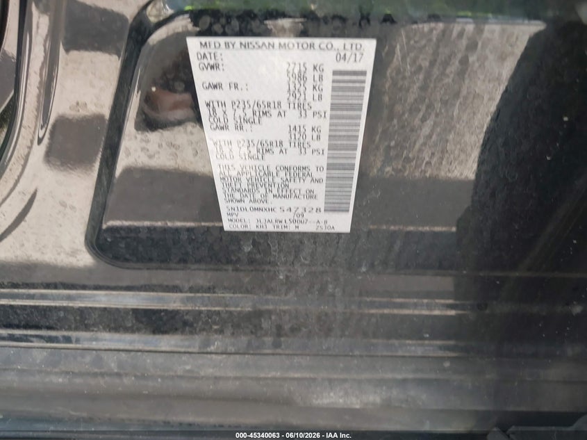 2017 Infiniti Qx60 VIN 5N1DL0MNXHC547328 IAAI salvage auction — FRONT END, Salvage Title, sold $2,150 on 2026-08-19 (photo 9)