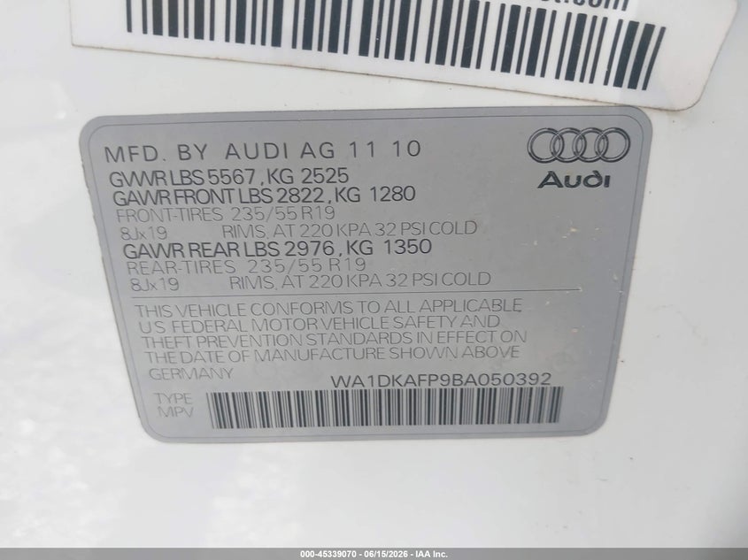 2011 Audi Q5 VIN WA1DKAFP9BA050392 IAAI salvage auction — LEFT & RIGHT, Repossession Paperwork (Georgia), sold $400 on 2026-07-07 (photo 9)