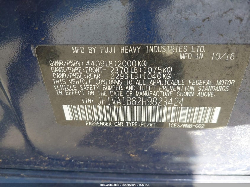 2017 Subaru Wrx VIN JF1VA1B62H9823424 IAAI salvage auction — ROLLOVER, Salvage Title, sold $3,775 on 2026-07-06 (photo 9)