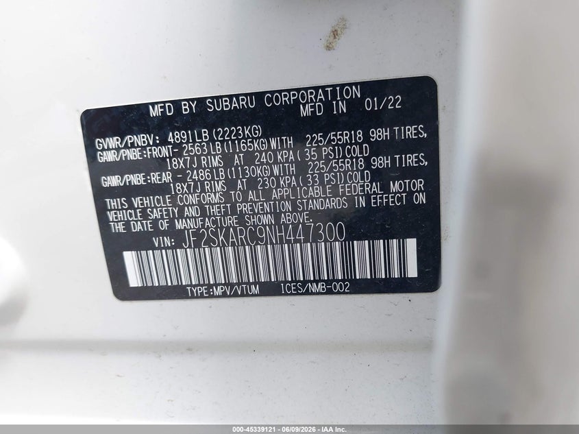 2022 Subaru Forester VIN JF2SKARC9NH447300 IAAI salvage auction — LEFT FRONT, Mv-907A (New York), sold $5,300 on 2026-07-30 (photo 9)