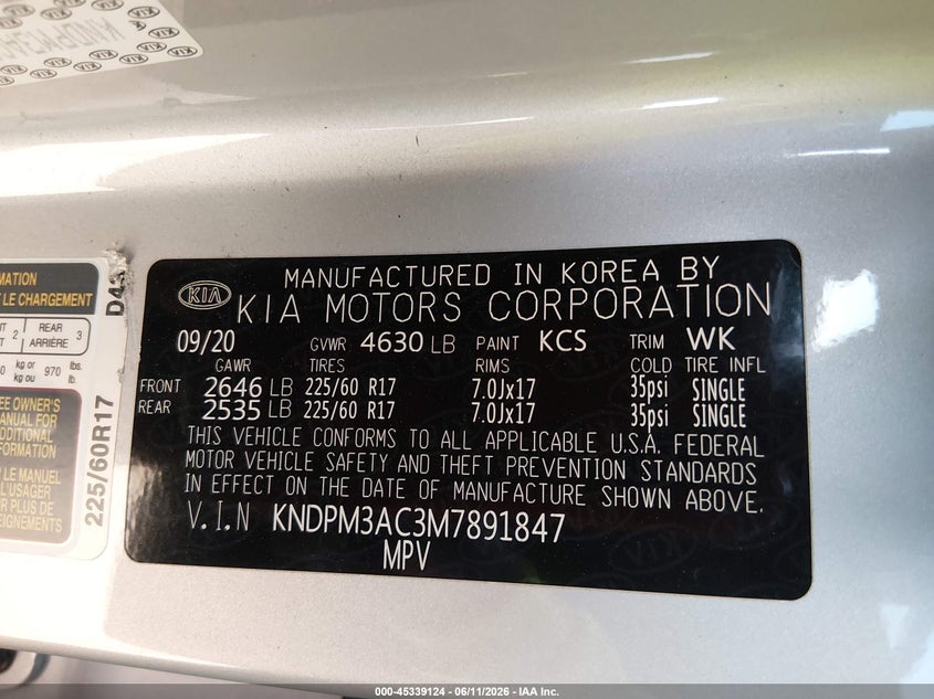 2021 Kia Sportage VIN KNDPM3AC3M7891847 IAAI salvage auction — SIDE, Salvage Title, sold $3,300 on 2026-07-21 (photo 9)