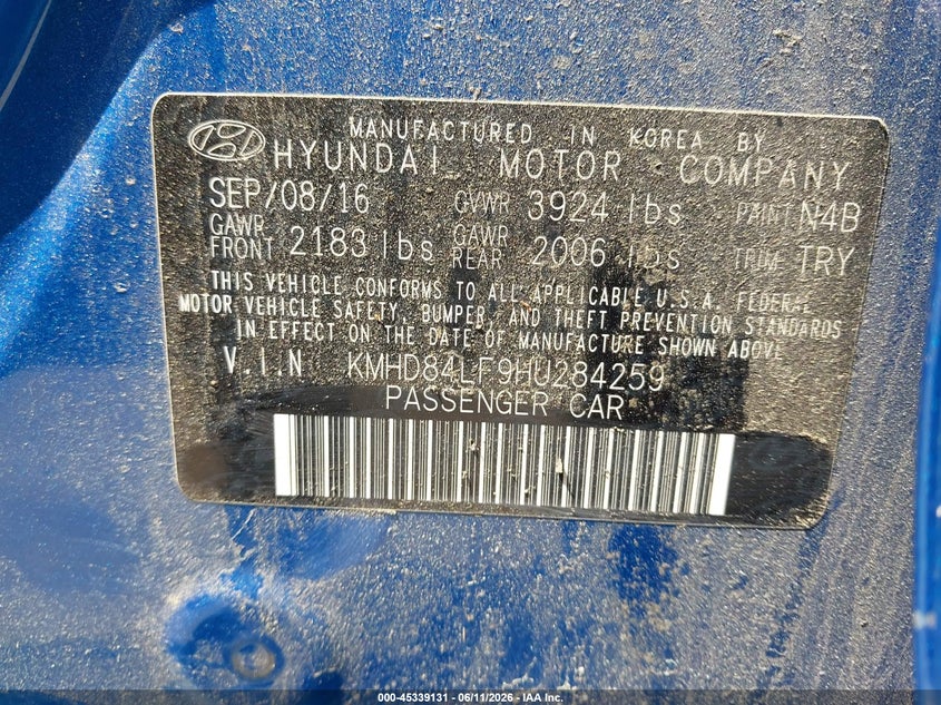 2017 Hyundai Elantra VIN KMHD84LF9HU284259 IAAI salvage auction — FRONT END, Salvage (Rhode Island), sold $1,550 on 2026-07-25 (photo 9)