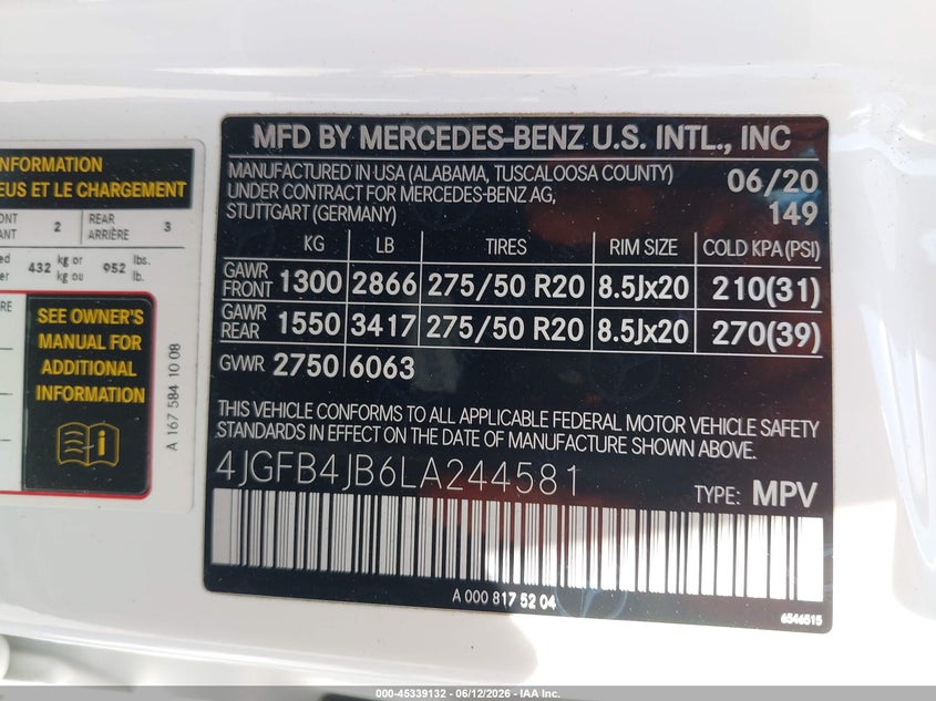 2020 Mercedes-benz Gle VIN 4JGFB4JB6LA244581 IAAI salvage auction — ROLLOVER, Salvage Title, sold $11,400 on 2026-08-01 (photo 9)