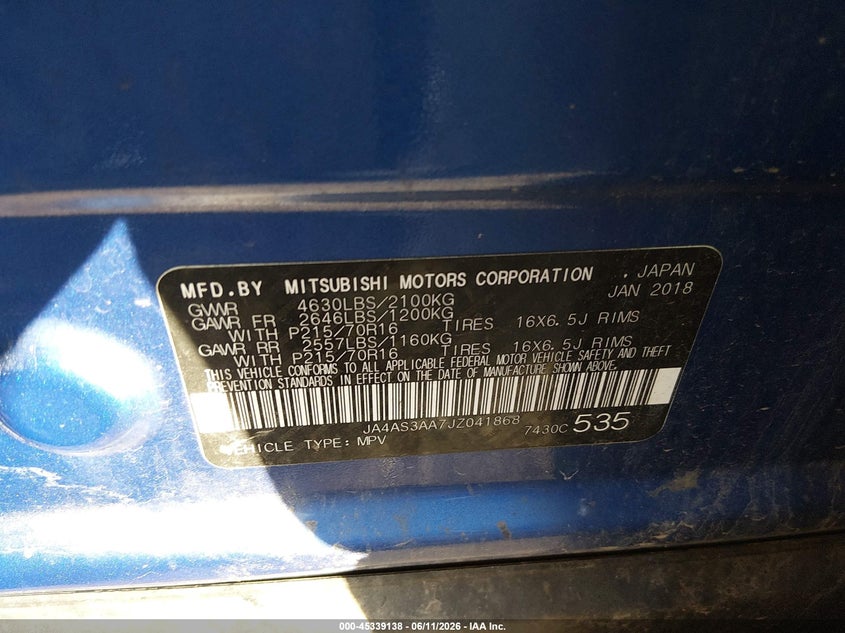 2018 Mitsubishi Eclipse cross VIN JA4AS3AA7JZ041868 IAAI salvage auction — FRONT END, Salvage (Ohio), sold $1,100 on 2026-07-22 (photo 9)