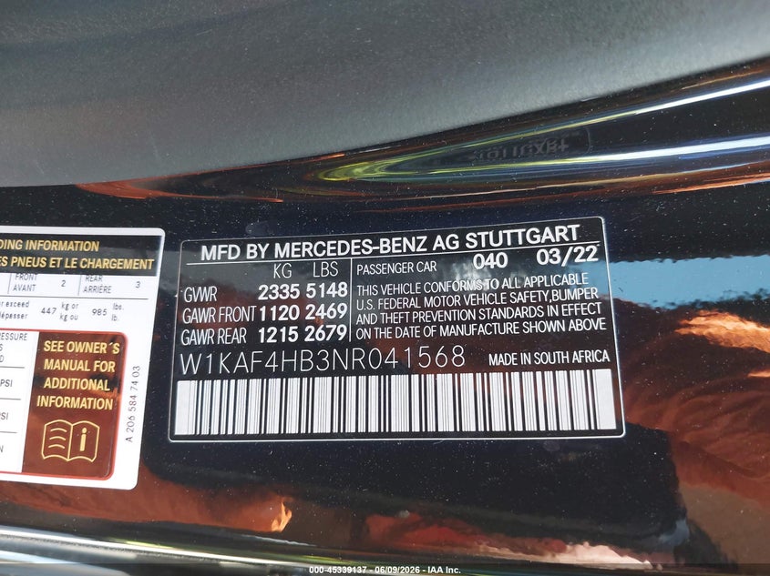 2022 Mercedes-benz C-klasse VIN W1KAF4HB3NR041568 IAAI salvage auction — FRONT END, Salvage Title, sold $11,800 on 2026-07-24 (photo 9)