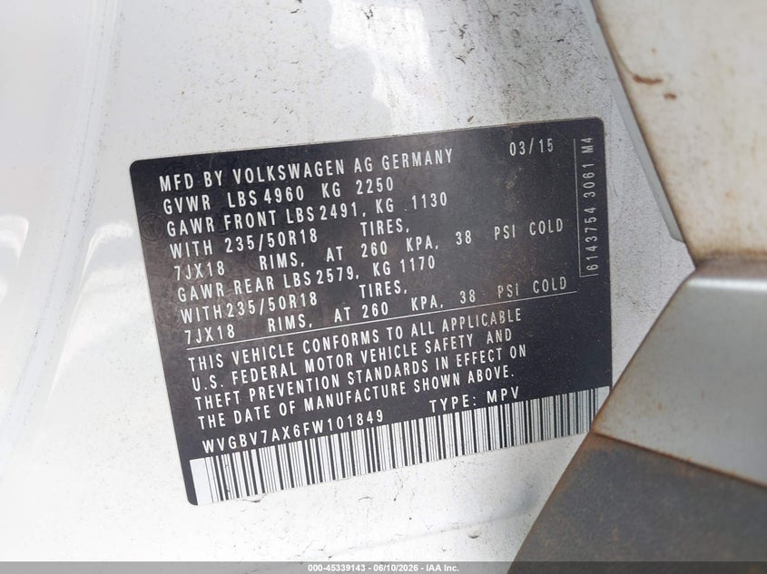 2015 Volkswagen Tiguan VIN WVGBV7AX6FW101849 IAAI salvage auction — NORMAL WEAR, Salvage Title, sold $925 on 2026-07-27 (photo 9)