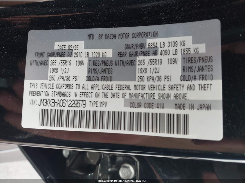 2025 Mazda Cx-90 VIN JM3KKBHA0S1229679 IAAI salvage auction — SIDE, Salvage (North Carolina), sold $16,200 on 2026-07-26 (photo 9)