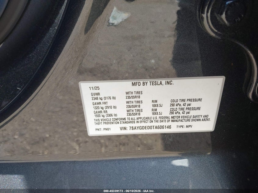 2026 Tesla Model y VIN 7SAYGDED0TA606146 IAAI salvage auction — FRONT END, Salvage (Arizona), sold $6,400 on 2026-07-30 (photo 9)
