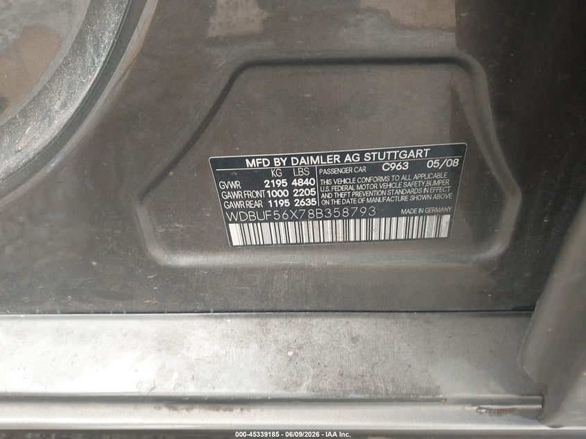 2008 Mercedes-benz E-class VIN WDBUF56X78B358793 IAAI salvage auction — FRONT END, Salvage (Georgia), sold $550 on 2026-07-10 (photo 9)