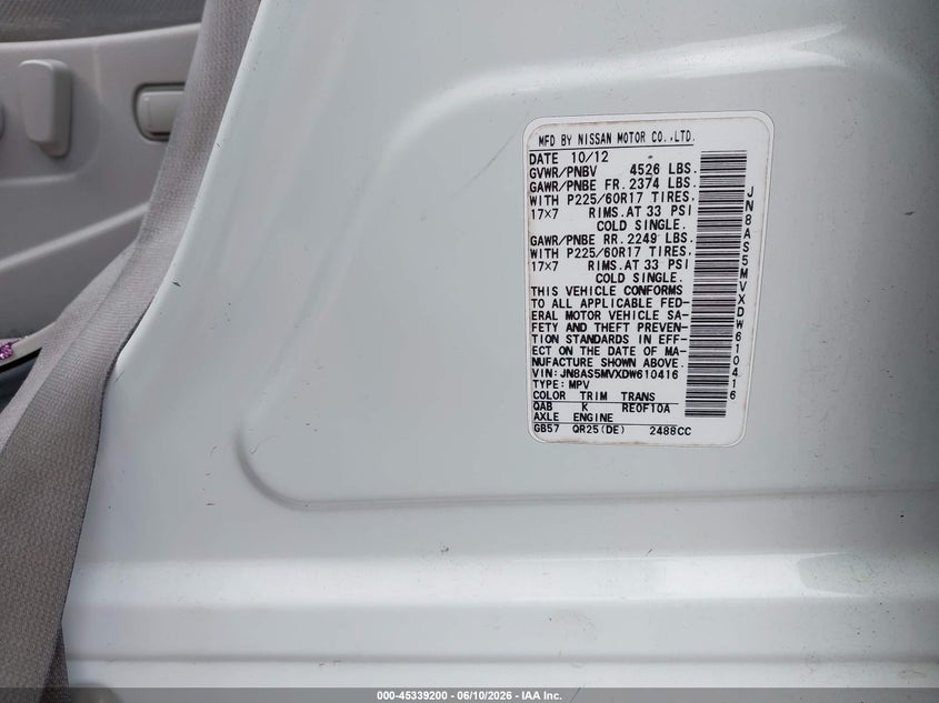 2013 Nissan Rogue VIN JN8AS5MVXDW610416 IAAI salvage auction — FRONT END, Salvage (South Carolina), sold $300 on 2026-07-29 (photo 9)
