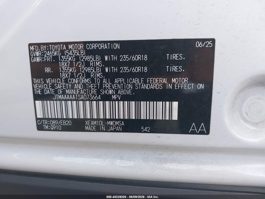 2025 Toyota Bz4x VIN JTMAAAAA1SA073664 IAAI salvage auction — LEFT FRONT, Salvage Title, sold $7,600 on 2026-07-29 (photo 9)