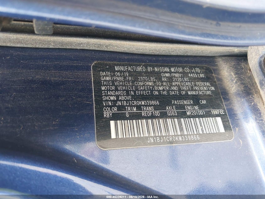 2019 Nissan Rogue VIN JN1BJ1CR0KW339866 IAAI salvage auction — ROOF, Salvage (Louisiana), sold $1,900 on 2026-07-20 (photo 9)