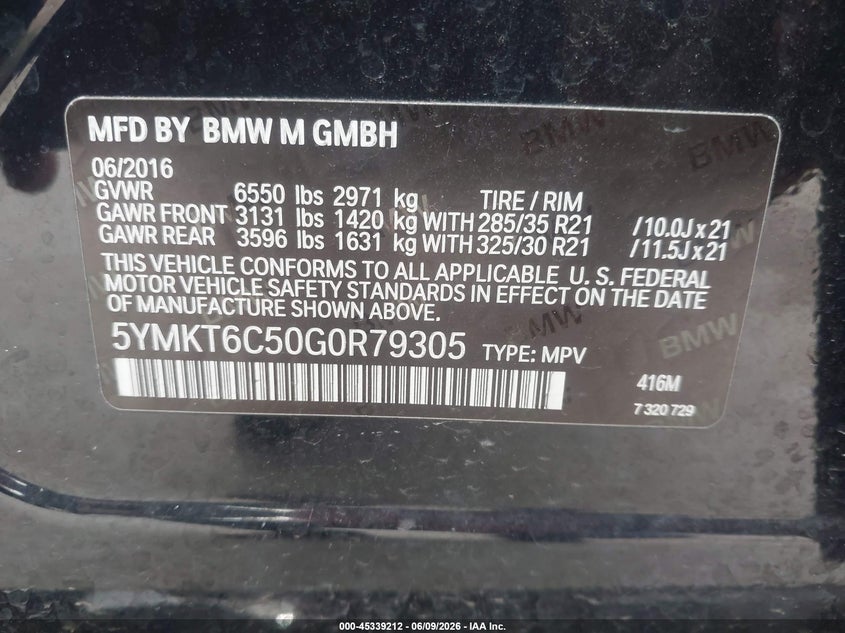 2016 BMW X5 m VIN 5YMKT6C50G0R79305 IAAI salvage auction — NORMAL WEAR, Clear (Missouri), sold $10,875 on 2026-07-14 (photo 9)