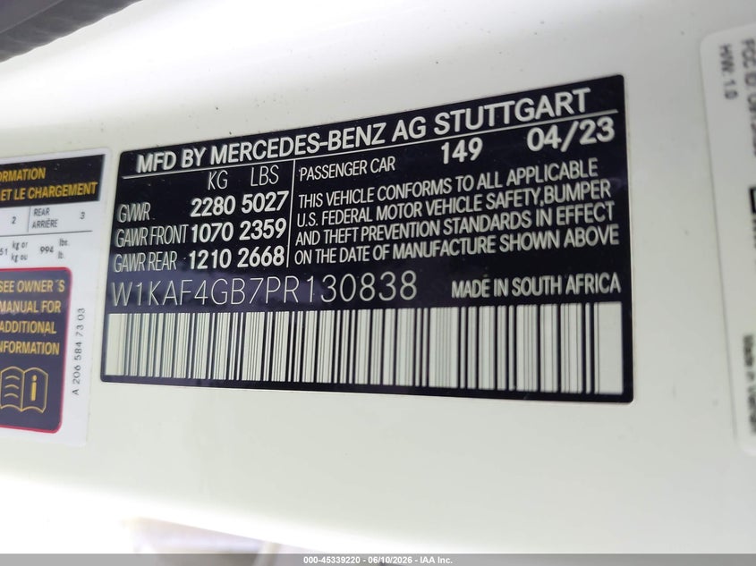 2023 Mercedes-benz C-klasse VIN W1KAF4GB7PR130838 IAAI salvage auction — REAR END, Salvage Title, sold $21,100 on 2026-07-17 (photo 9)