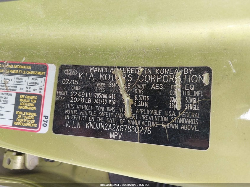 2016 Kia Soul VIN KNDJN2A2XG7830276 IAAI salvage auction — NORMAL WEAR, Original (Ohio), sold $550 on 2026-07-23 (photo 9)