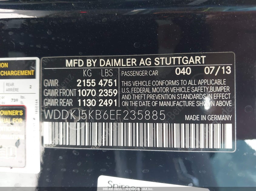 2014 Mercedes-benz E-class VIN WDDKJ5KB6EF235885 IAAI salvage auction — FRONT END, Original (Texas), sold $2,000 on 2026-07-15 (photo 9)