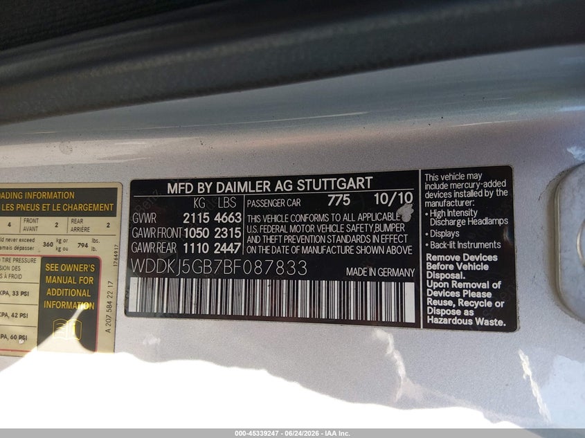 2011 Mercedes-benz E-class VIN WDDKJ5GB7BF087833 IAAI salvage auction — NORMAL WEAR, Clear (New Jersey), sold $600 on 2026-07-20 (photo 9)