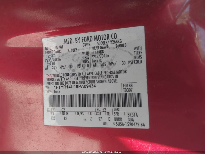2008 Ford Ranger VIN 1FTYR14U18PA09434 IAAI salvage auction — LEFT SIDE, Salvage (Texas), sold $2,850 on 2026-07-09 (photo 9)