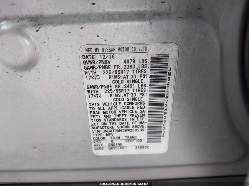 2017 Nissan Rogue VIN JN8AT2MV3HW260239 IAAI salvage auction — RIGHT FRONT, Rebuildable (Florida), sold $575 on 2026-07-22 (photo 9)