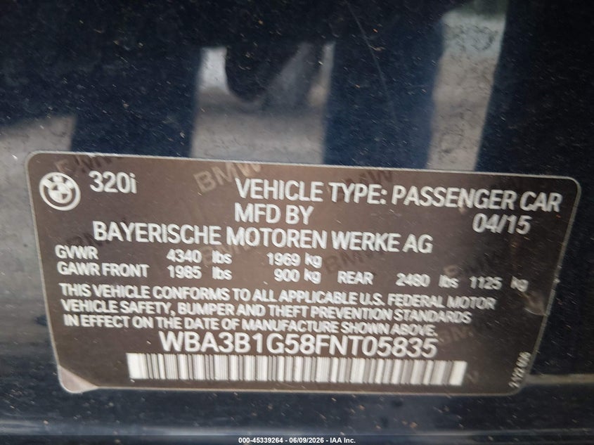 2015 BMW 3er VIN WBA3B1G58FNT05835 IAAI salvage auction — NORMAL WEAR, Salvage Title, sold $600 on 2026-07-09 (photo 9)