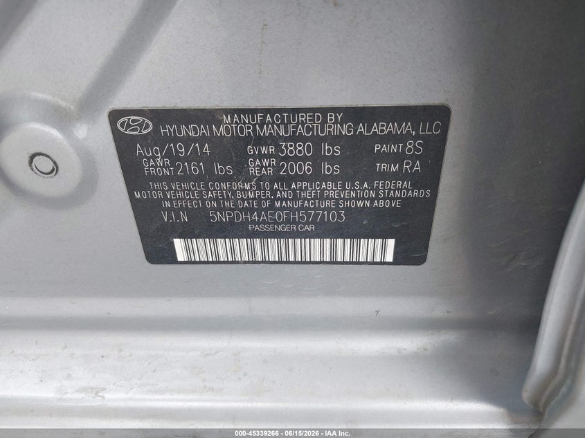 2015 Hyundai Elantra VIN 5NPDH4AE0FH577103 IAAI salvage auction — HAIL, Original (Texas), sold $775 on 2026-07-18 (photo 9)