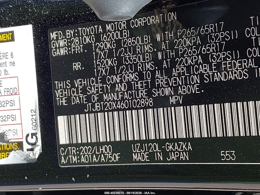 2006 Lexus Gx 470 VIN JTJBT20X460102898 IAAI salvage auction — RIGHT SIDE, Salvage (Texas), sold $2,400 on 2026-07-14 (photo 9)
