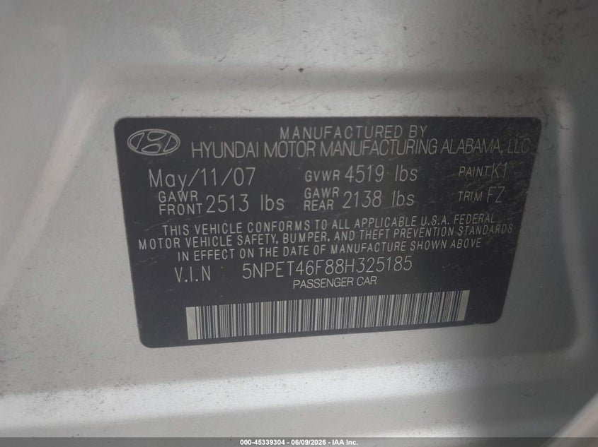 2008 Hyundai Sonata VIN 5NPET46F88H325185 IAAI salvage auction — FRONT END, Salvage (Pennsylvania), sold $275 on 2026-07-22 (photo 9)