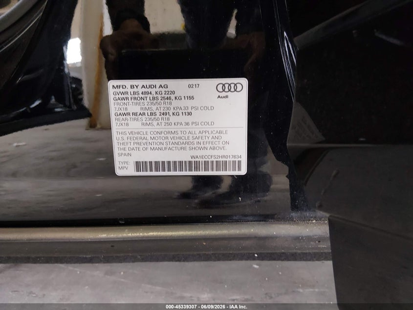 2017 Audi Q3 VIN WA1ECCFS2HR017634 IAAI salvage auction — REAR END, Salvage (Texas), sold $2,200 on 2026-07-23 (photo 9)