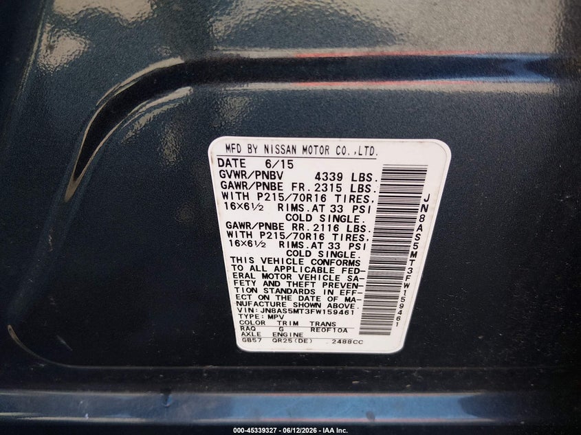 2015 Nissan Rogue VIN JN8AS5MT3FW159461 IAAI salvage auction — FRONT END, Clear (Virginia), sold $700 on 2026-07-17 (photo 9)