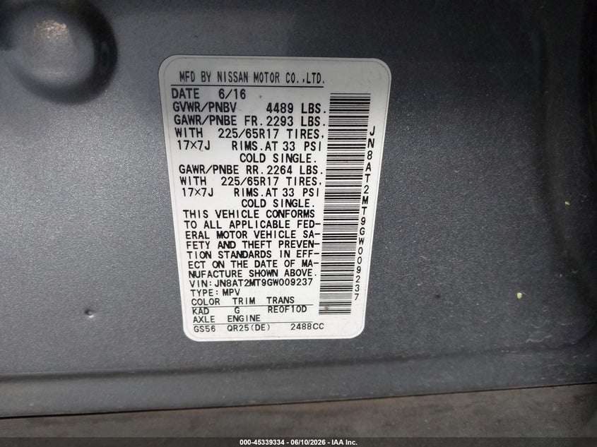 2016 Nissan Rogue VIN JN8AT2MT9GW009237 IAAI salvage auction — FRONT END, Salvage (California), sold $1,400 on 2026-07-30 (photo 9)