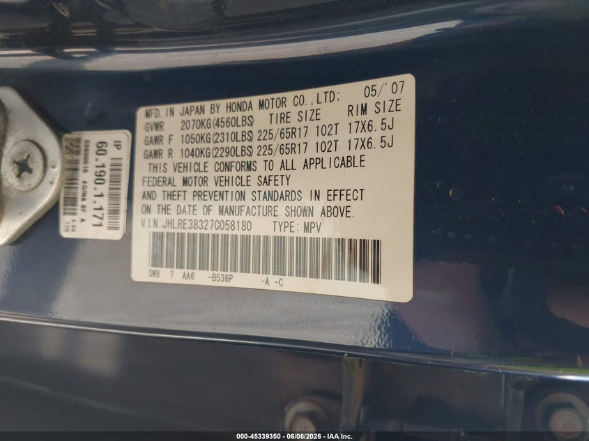 2007 Honda Cr-v VIN JHLRE38327C058180 IAAI salvage auction — NORMAL WEAR, Clear-Dealer Only (Arizona), sold $325 on 2026-07-09 (photo 9)