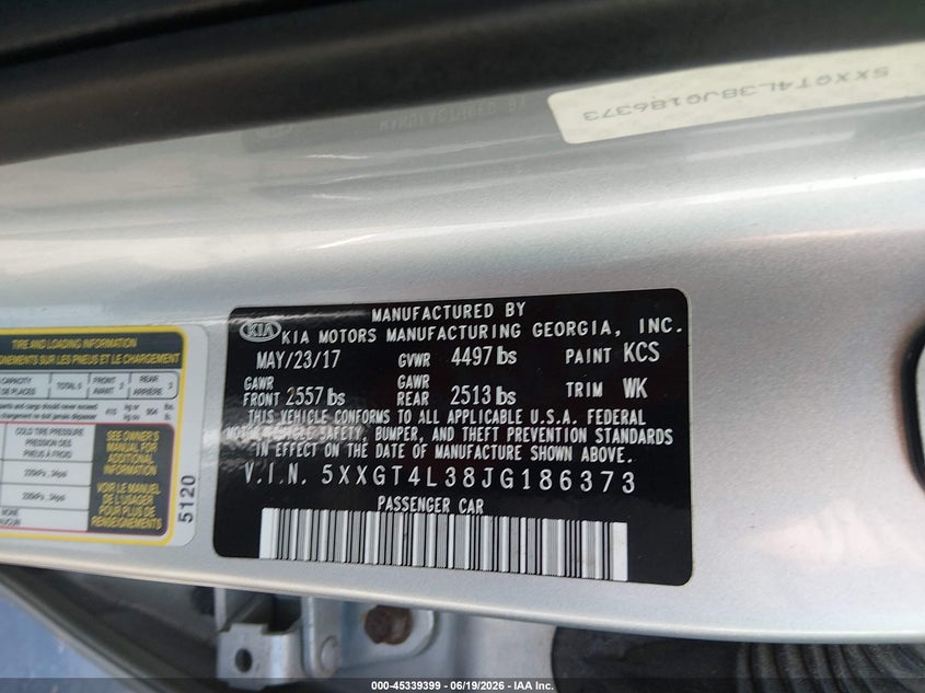 2018 Kia Optima VIN 5XXGT4L38JG186373 IAAI salvage auction — REAR END, Salvage (North Carolina), sold $2,000 on 2026-07-08 (photo 9)