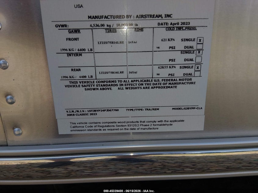 2023 Airstream Classic VIN 1STJBYP24PJ567760 IAAI salvage auction — FRAME DAMAGE, Salvage (Wisconsin), sold $31,500 on 2026-07-16 (photo 9)