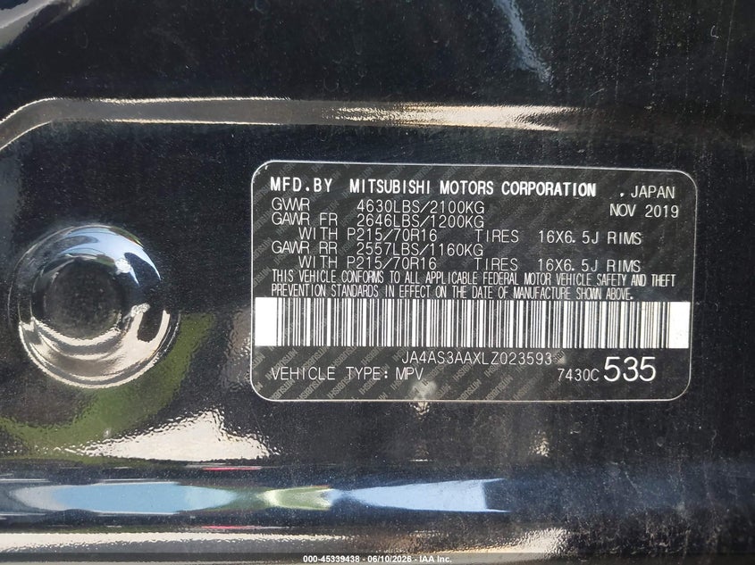 2020 Mitsubishi Eclipse cross VIN JA4AS3AAXLZ023593 IAAI salvage auction — FRONT END, Original (Texas), sold $2,000 on 2026-07-29 (photo 9)