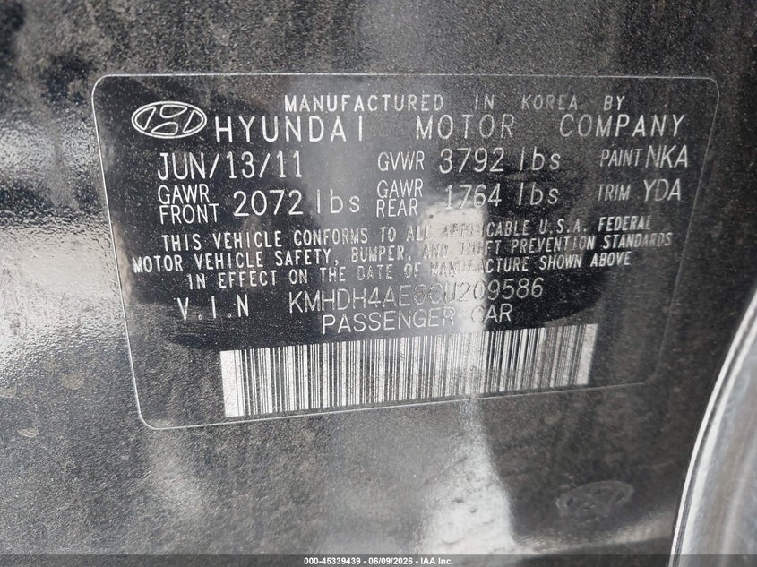 2012 Hyundai Elantra VIN KMHDH4AE8CU209586 IAAI salvage auction — NORMAL WEAR, Clear - Dealer Only (California), sold $375 on 2026-07-09 (photo 9)