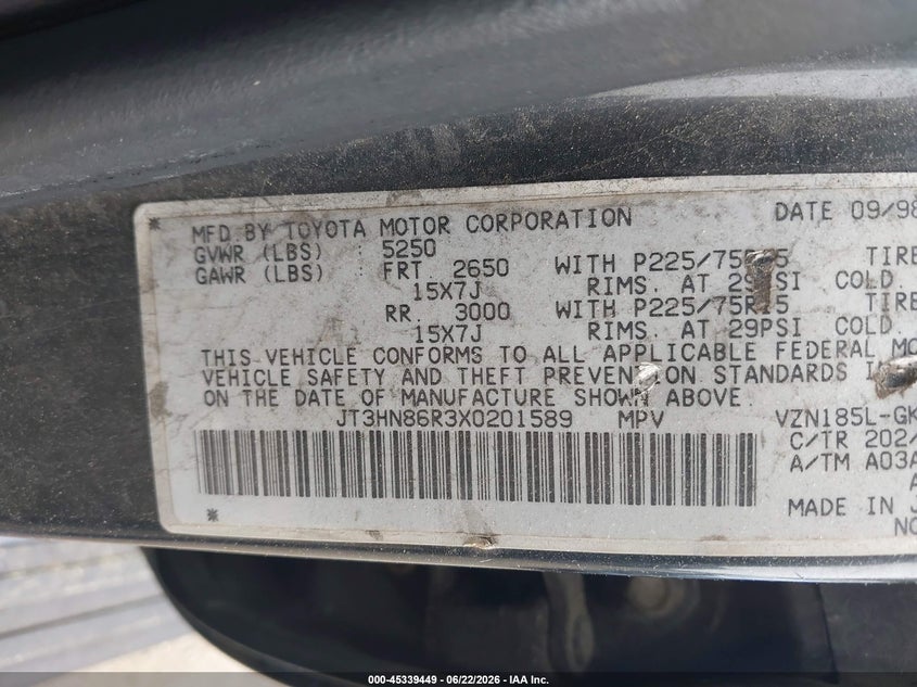 1999 Toyota 4runner VIN JT3HN86R3X0201589 IAAI salvage auction — NORMAL WEAR, Clear (Massachusetts), sold $100 on 2026-07-21 (photo 9)